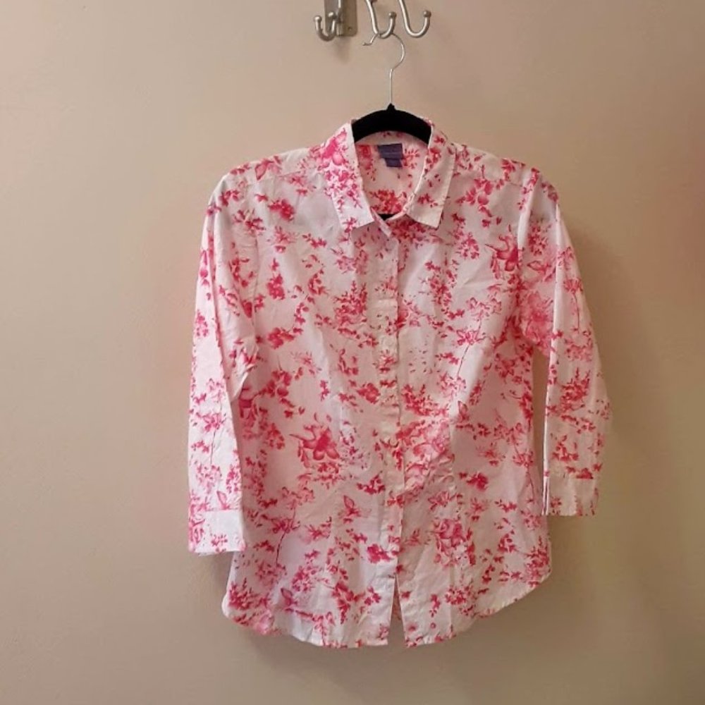 LAURA SCOTT 100% COTTON BLOUSE - WHITE WITH PINK FLOWERS - SIZE MEDIUM